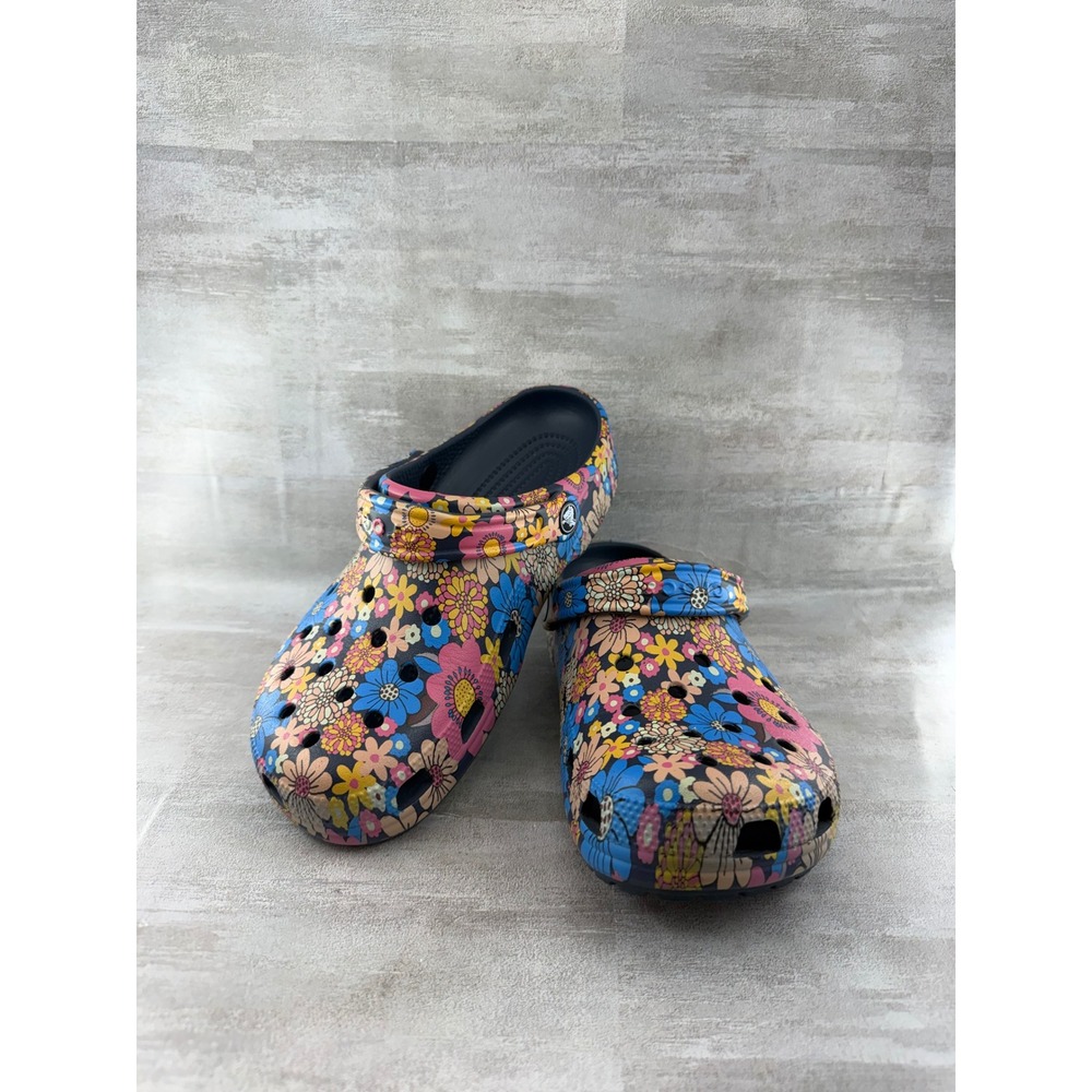 Crocs Classic Clogs Floral Print Navy Pink Blue Yellow Mens 7 Womens 9